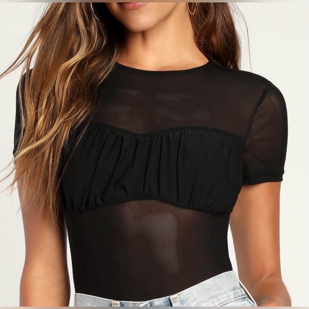AFRM Black Sheer Mesh Top Cropped Crew Neck Short Sleeve S